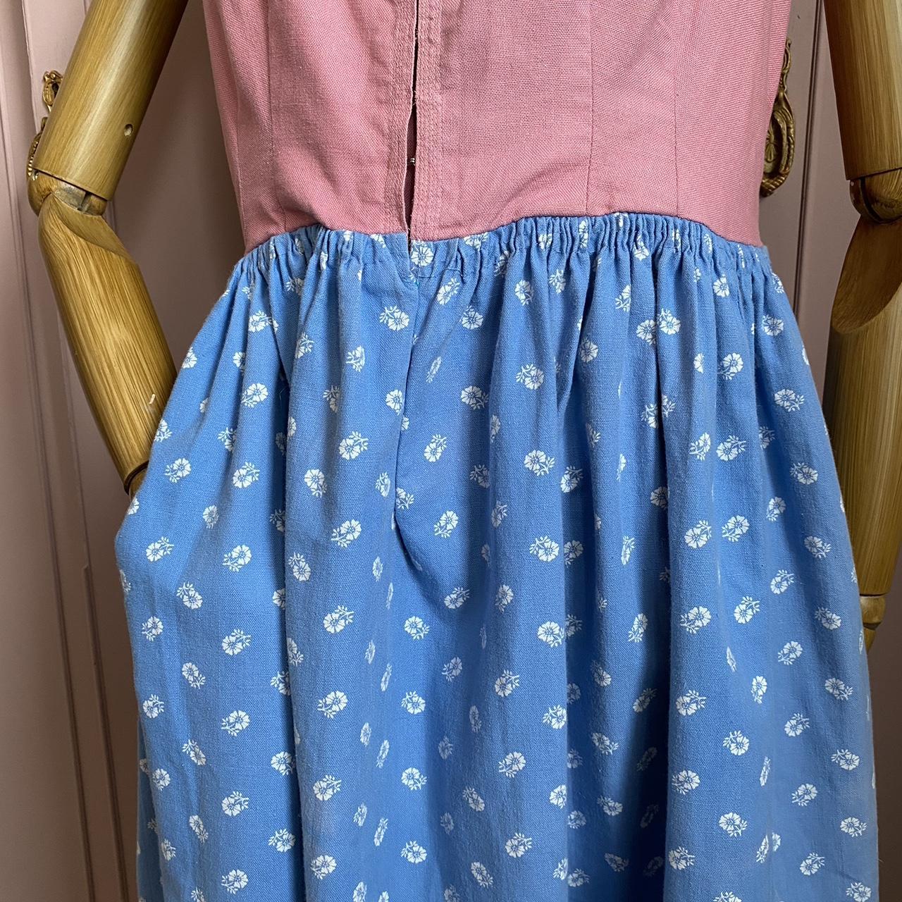 Handmade Cottagecore Dress Vintage A Line Dress Pink and Blue Large Kitsch Sleeveless Linen Dress wi