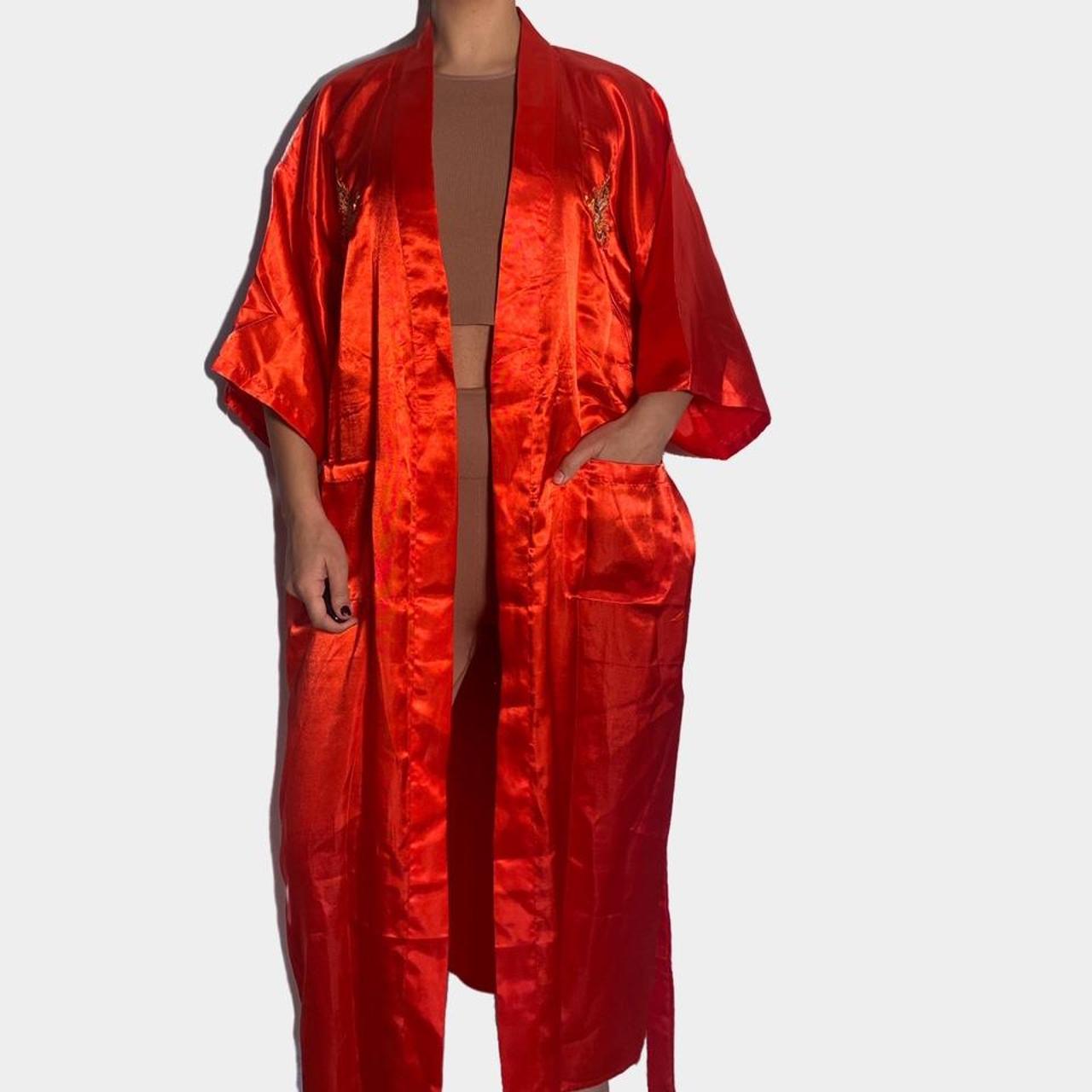 Kimono Silky Robe Dressing Gown Japanese Kimono Duster Vintage 80s in Red with Dragon Embroidery and