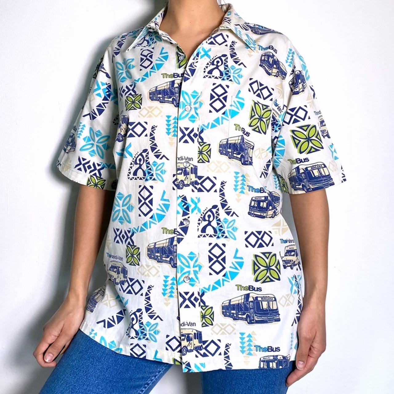 Vintage 80s Hawaiian Shirt Short Sleeve Oversized Button Up White & Blue