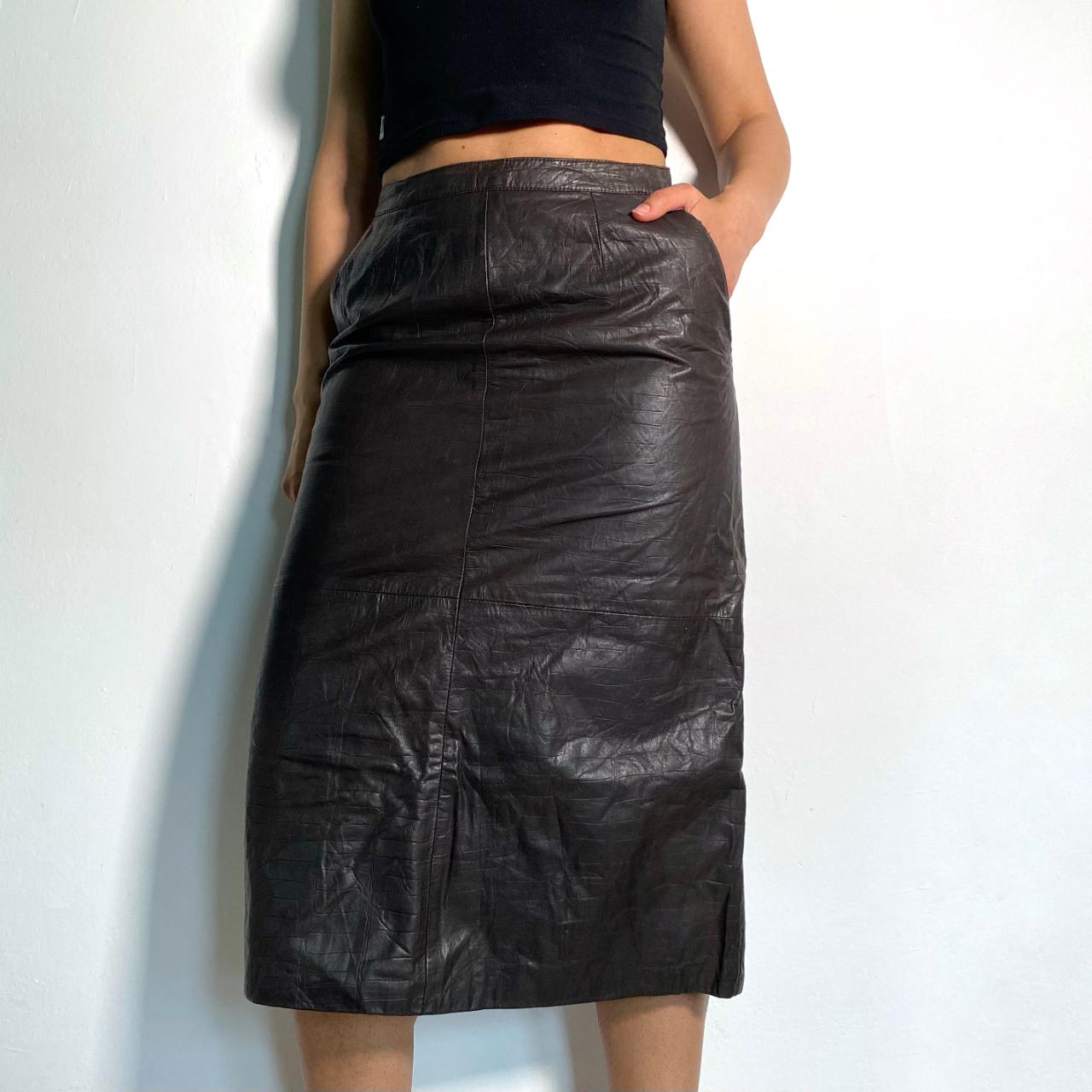 Leather Pencil Skirt Vintage 80s Croc Midi Skirt Brown Leather High Waisted Skirt with Back Slit